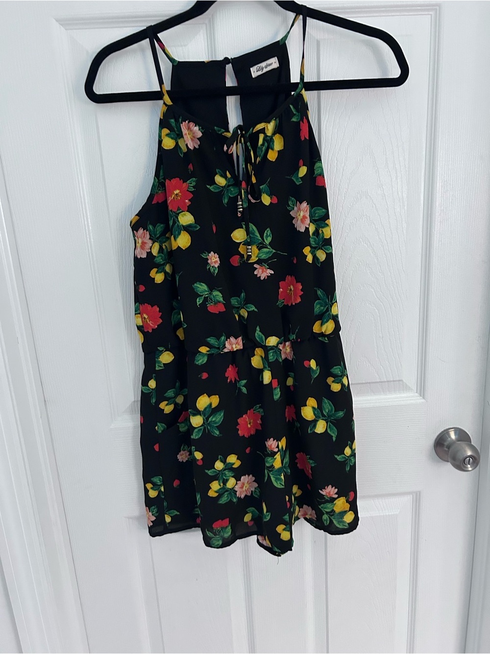 Lily Star Black Floral Halter Dress/Shorts Red & Yellow Blooms Lemons Size M